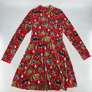 Red Fit and Flare‎ Long Sleeve Dress with Peter Pan Collar